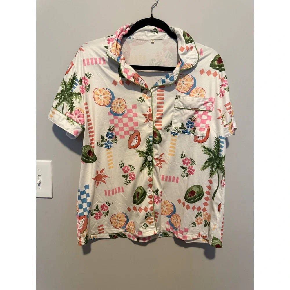 Tropical Fruit Print Pajama Set White Avocado Papaya Short Sleeve Shorts Large